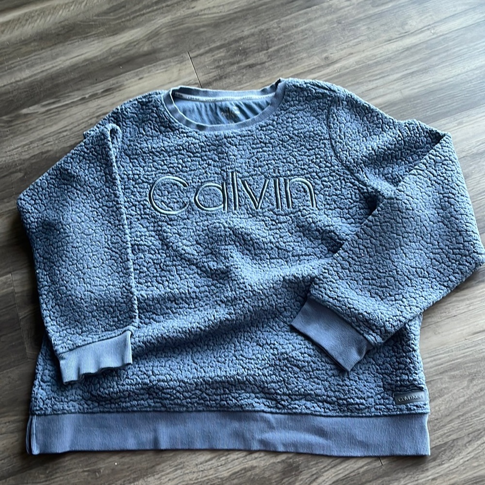 blue fuzzy calvin klein crewneck